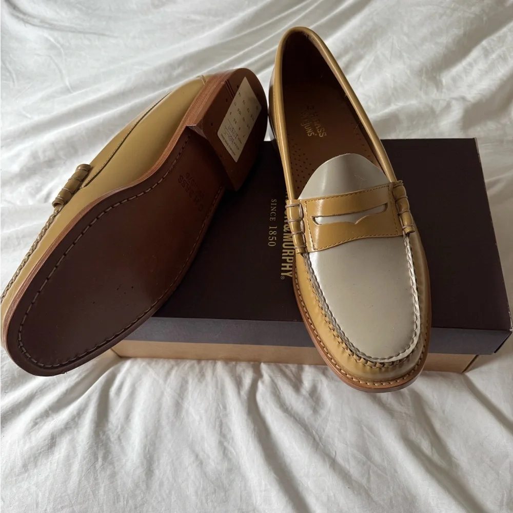 Men's Two-Tone Cream and Tan Leather Loafers - Picture 2 of 3
